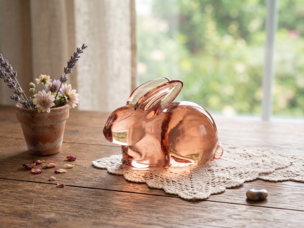 Vintage Pressed Glass Bunny Rabbit Figurine Amber Pink Paperweight No Mark